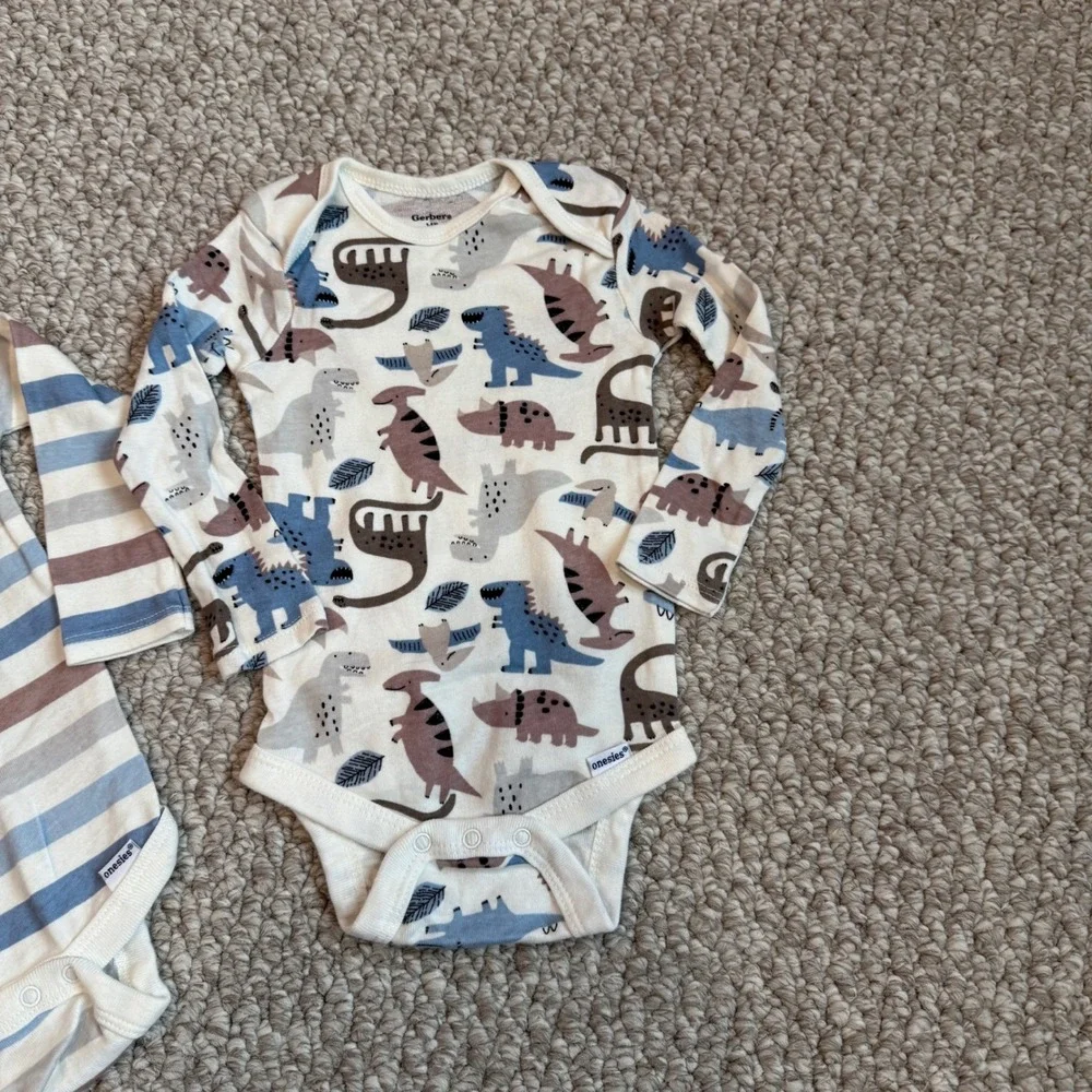Gerber Onesies Size 3-6M Long Sleeve Bodysuit Bundle Stripe Dinosaur Cotton Baby